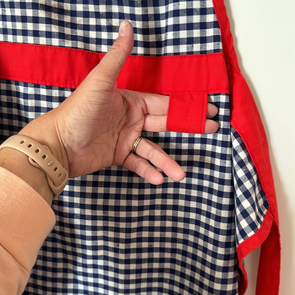 Kitchen Apron Spring Cherry Apron blue plaid with gold ring adjustable neck - Picture 5 of 8